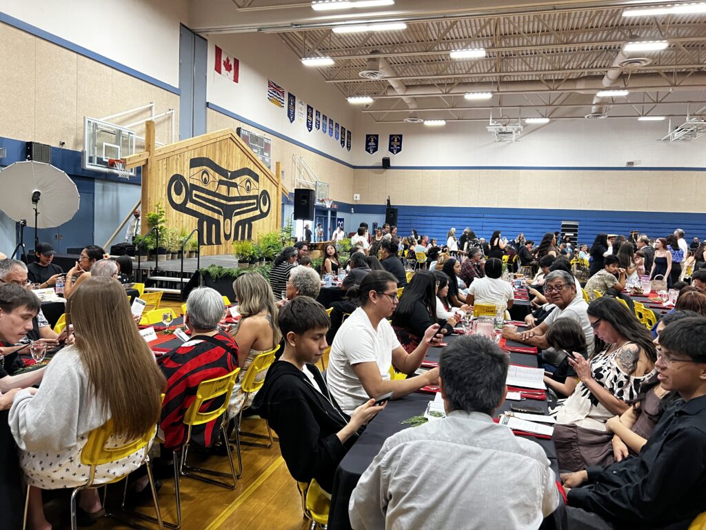 a shot of the gym, full of tables with people
