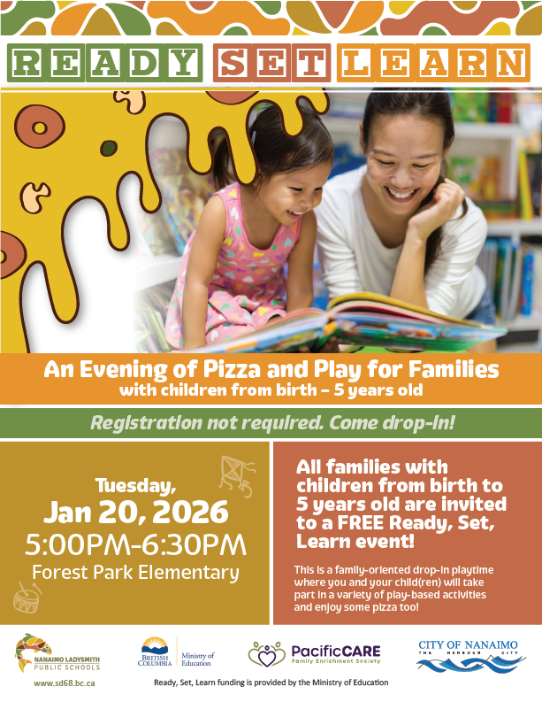 Ready set learn poster "An evening of pizza and play for families with children from birth - 5 years old. Jan 20, 2026 at forest park elementary. 5PM-6:30PM Please drop in!"