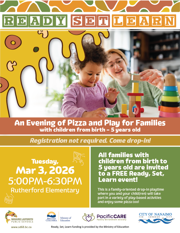 Ready set learn poster "An evening of pizza and play for families with children from birth - 5 years old. March 3, 2026 at Rutherford elementary. 5PM-6:30PM Please drop in!"