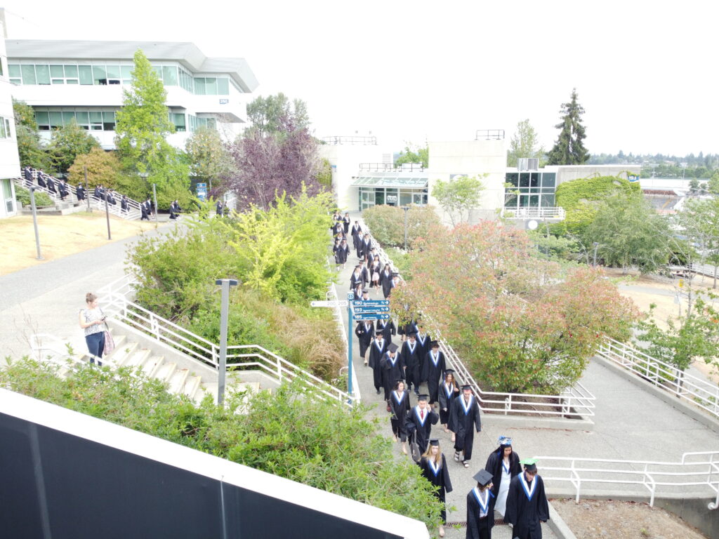 grads heading to the VIU gym - drone image