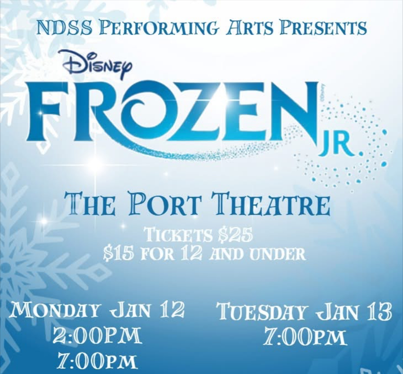 Frozen Jr at the Port Theatre! Jan 12 and 13, 2026