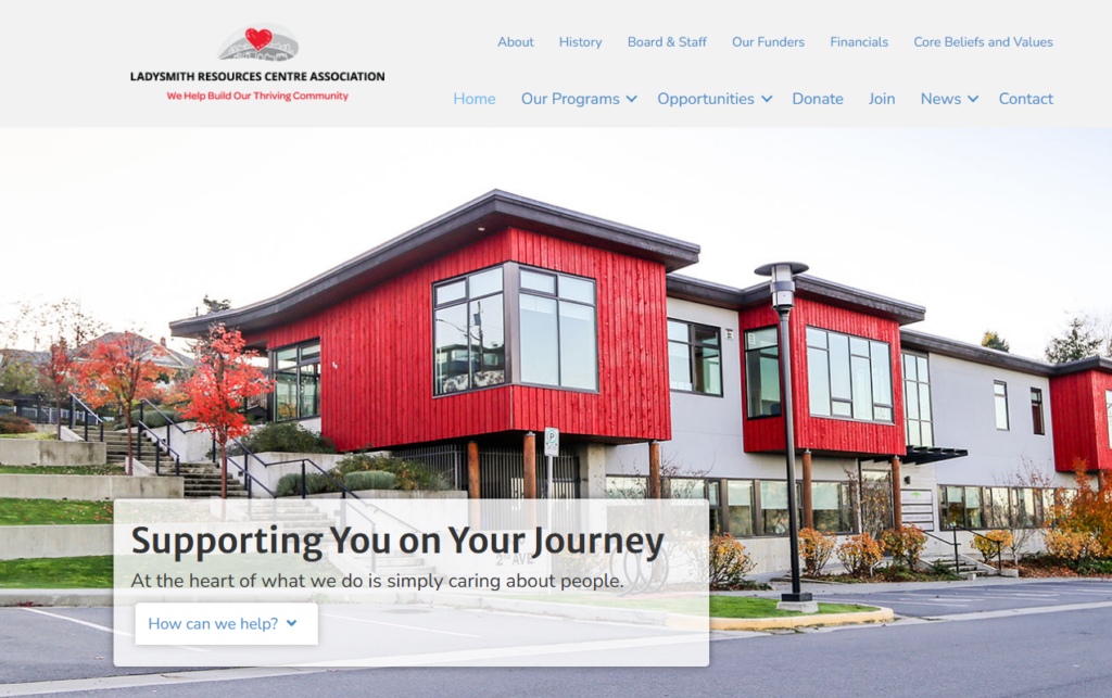 Ladysmith Resource Centre Association - screen shot of homepage