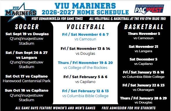 VIU Mariners Soccer Volleyball and Basketball schedules
