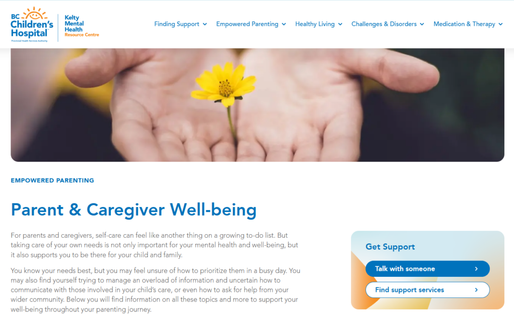 BC Children's hospital mental health resource page