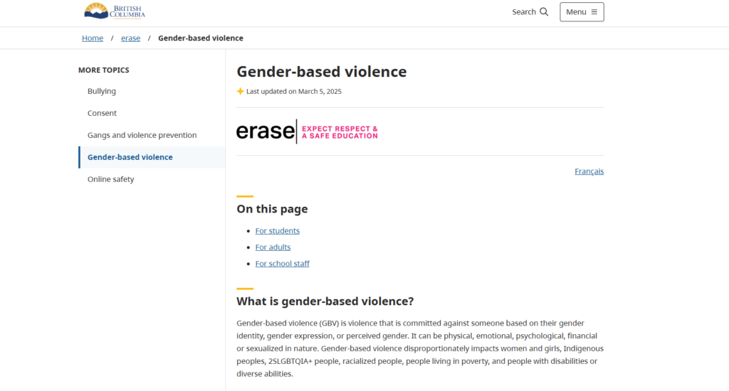 screenshot of erase webpage - gender-based violence
