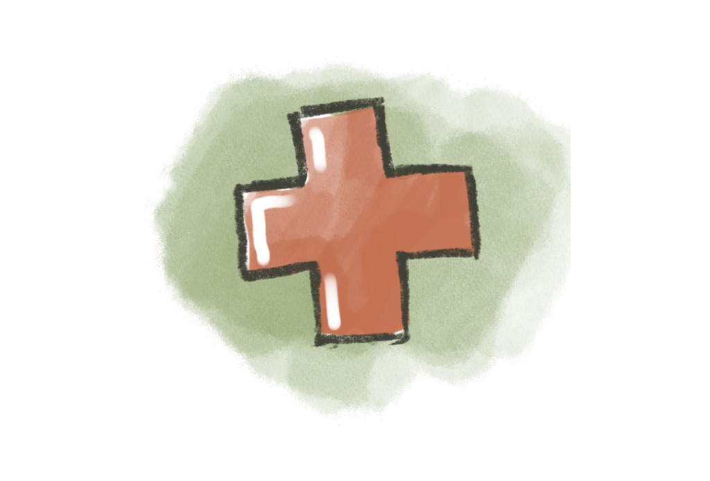 drawing of a red cross (first aid) on a green background