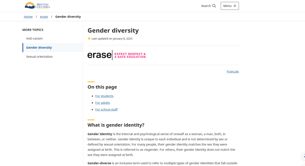 screenshot of linked page - gender diversity - erase
