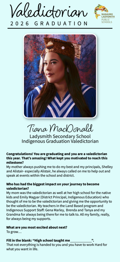 Tiana MacDonald
Ladysmith Secondary School
Indigenous Graduation Valedictorian
Congratulations! You are graduating and you are a valedictorian this year. That’s amazing! What kept you motivated to reach this milestone? 
My mother always pushing me to do my best and my principals, Shelley and Alistair- especially Alistair, he always called on me to help out and speak at events within the school and district. 

Who has had the biggest impact on your journey to become valedictorian? 
My mom was the valedictorian as well at her high school for the native kids and Emily Magyar (District Principal, Indigenous Education) who thought of me to be the valedictorian and giving me the opportunity to be the valedictorian. My teachers in the Land Based program and Indigenous Support Staff: Gena Marley,  Brenda and Tanya and my Grandma for always being there for me to talk to. All my family, really, for always being my supports. 

What are you most excited about next? 
To grow…

Fill in the blank: “High school taught me                              ”.
That not everything is handed to you and you have to work Hard for what you want in life. 

