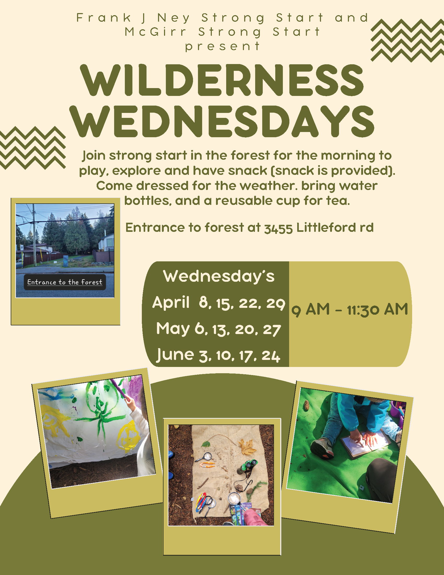 Join strong start in the forest for the morning to play, explore and have snack (snack is provided). Come dressed for the weather. bring water bottles, and a reusable cup for tea. Entrance to forest at 3455 Littleford rd Wednesdays - 9AM-11:30AM April 8, 15, 22, 29 May 6, 13, 20, 27 June 3, 10, 17, 24
